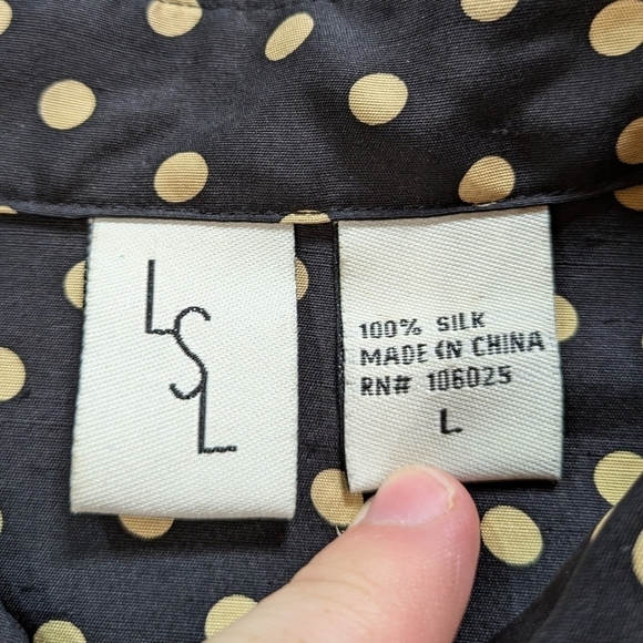 LSL black brown polka dot 2/3 sleeve button up silk shirt L - Picture 7 of 7